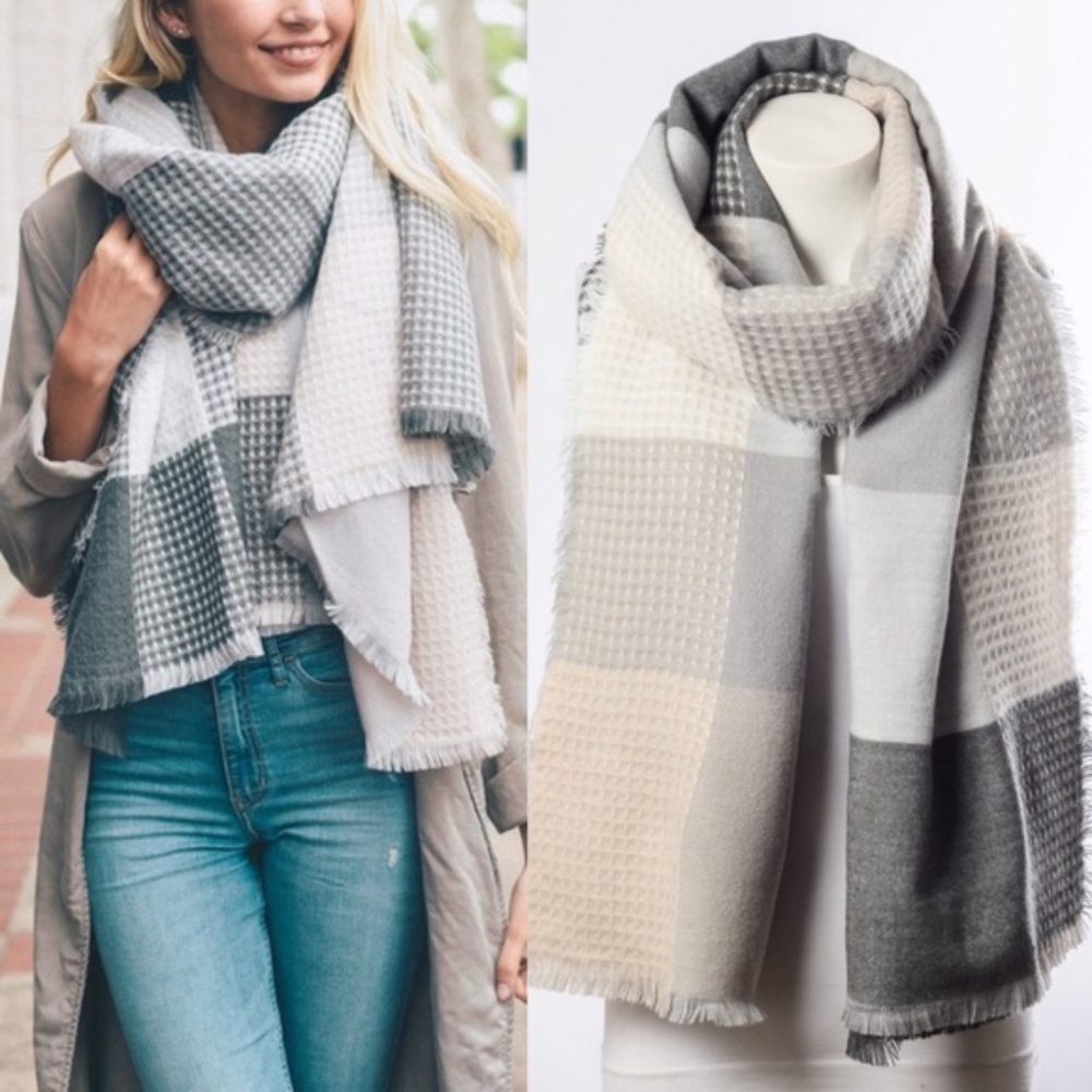 Cozy Grey Plaid blanket frayed scarf